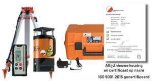 Geo Laser RL-71L set compleet uitgestald met ontvanger, statief, oplader, koffer en kalibratiecertificaat.