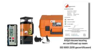 Geo Laser RL-71L bouwlaser set compleet uitgestald met ontvanger, statief, lader, koffer en kalibratiecertificaat