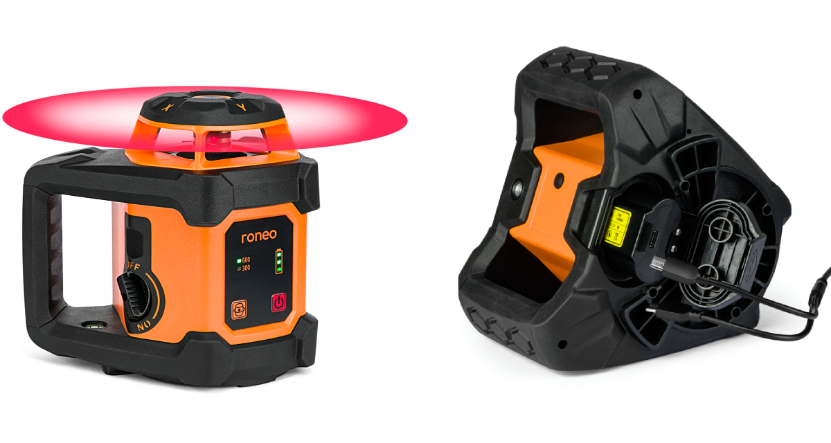 Roneo rotatielaser roterend met Li-Ion accu en USB-C laadkabel in studio