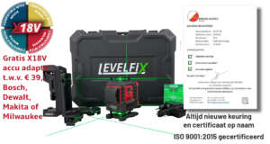 Levelfix CCL284G set uitgestald met gratis 18V adapter.