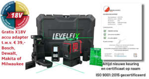 Levelfix MCL380G set uitgestald met gratis 18V adapter.
