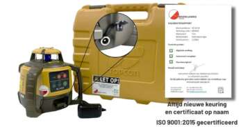 Topcon RL-H5A bouwlaser set met koffer, oplader, accu en kalibratiecertificaat uitgestald.