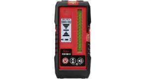 Front view of the Leica RGR300-D digital receiver for line lasers, showcasing its sleek design and features.