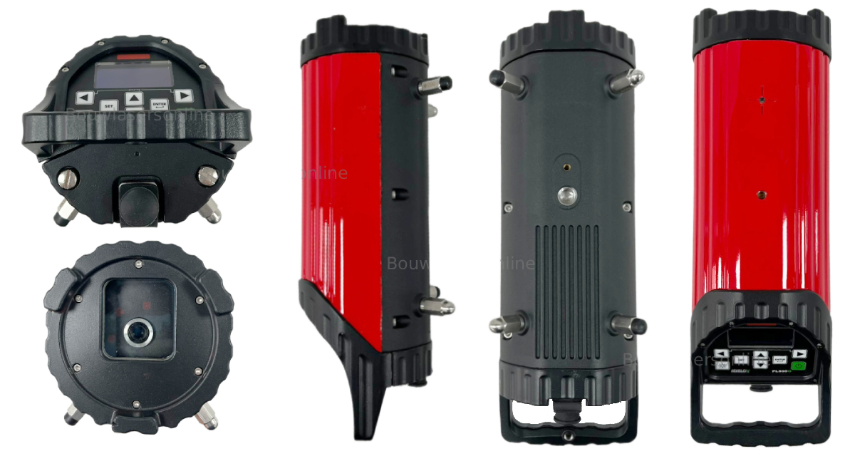 360 graden aanzicht PL800G rioollaser: voorzijde, achterzijde en bovenzijde met loodpunt.