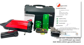 Complete leveringsomvang PL800G groene rioollaser inclusief kalibratierapport, afstandsbediening en doelplaat.