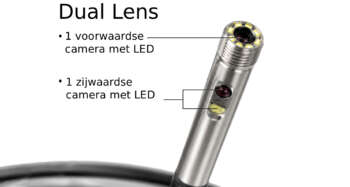 Close-up van de 5,5 mm dual-lens camera van de LevelFix VS250 videoscoop met voorlens en zijlens naast elkaar