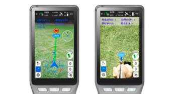 Stonex S55-controller met een AR Stakeout-camerabeeld op het scherm, waarop meetinformatie en een gemarkeerd uitzetpunt zichtbaar zijn.