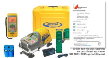 Spectra Precision DG613G groene rioollaser set met alle toebehoren en kalibratiecertificaat uitgestald voor de koffer.