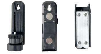 Verschillende aanzichten van de Spectra LT20XG wandhouder, met focus op de magneten en klem.