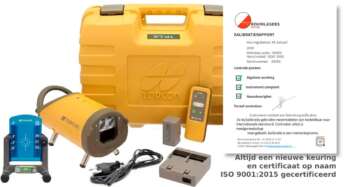 Topcon TP-L6G groene rioollaser set inclusief afstandsbediening, doelbord en accessoires uitgestald voor de koffer.
